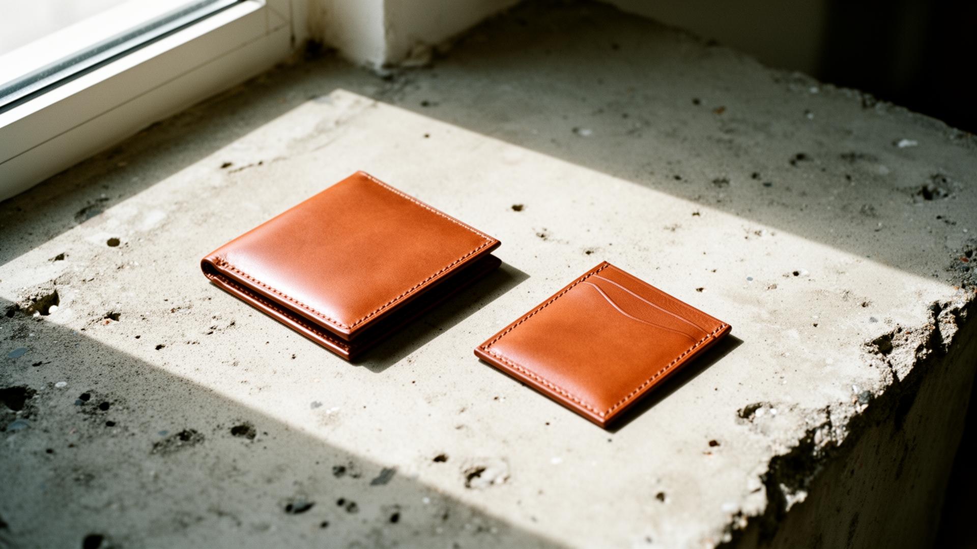 Hand-stitched leather wallets on raw concrete